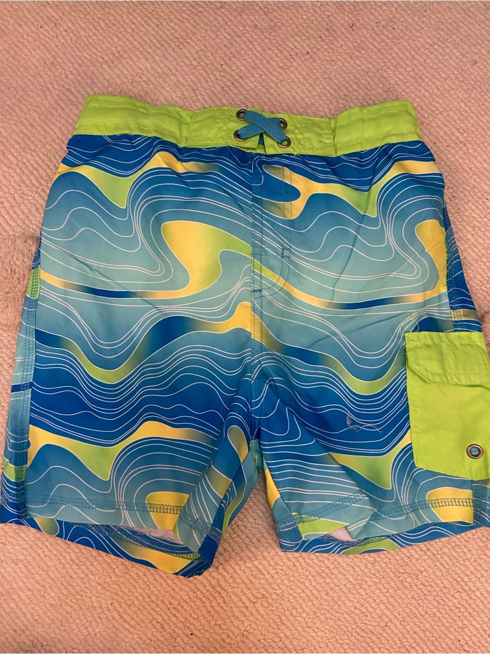 Boys Blue & Lime Wave-Print Swim Trunks